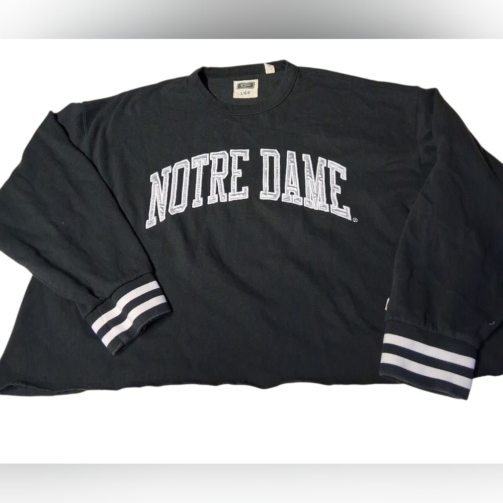 Notre Dame cropped crew neck sweat shirt navy blue white logo large tailgate